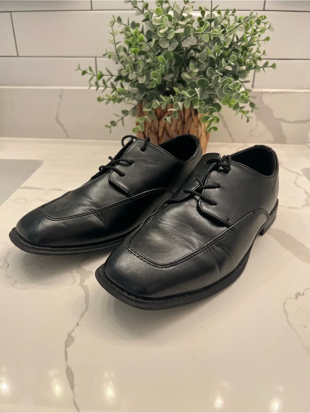 Boys Black Leather-like Lace-Up Dress Shoes